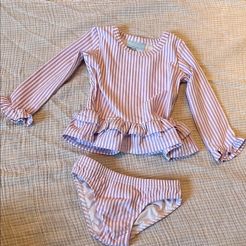 Striped purple and White Ruffle Swimsuit Set